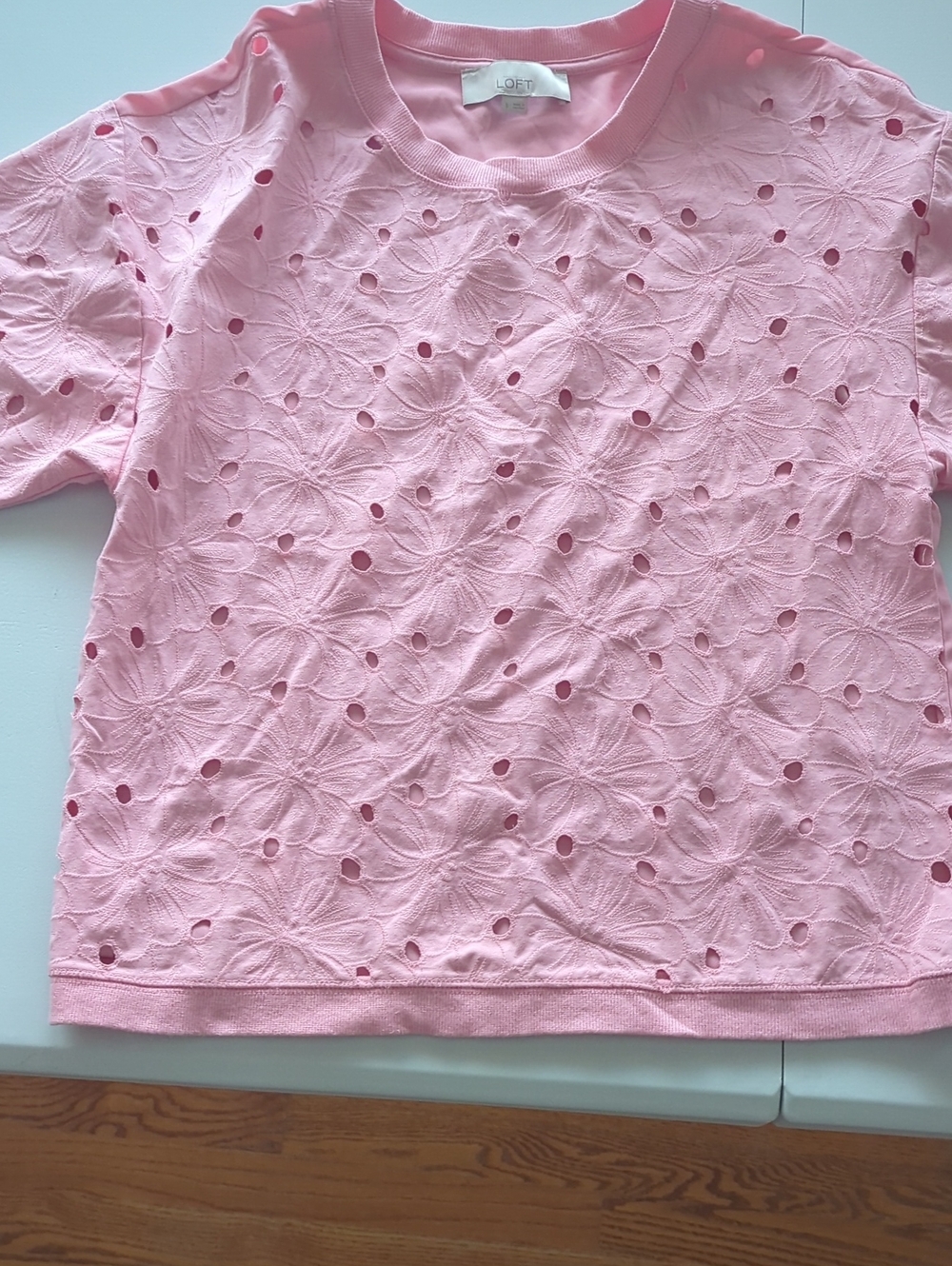 LOFT Light Pink Eyelet Floral Short-Sleeve Blouse